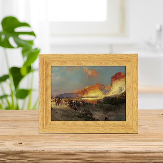 Brivoria Framed Canvas Wall Art Vintage Decor, Rustic Autumn Western Landscape with Canyon, Horse Riders, Red Rocks and Sunset Glow for Entryway Bookshelf Bedroom Office or Tabletop Fall Display, 8x10