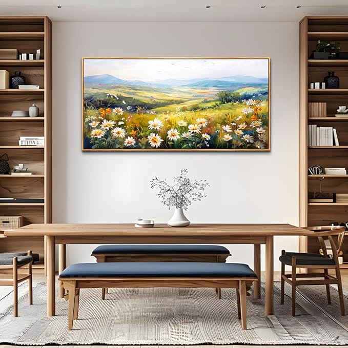 ZUITINGHUA Large Wood Framed Wall Decor For Living Room Canvas Wall Art For Office Modern Wall Decorations For Bedroom Pastoral Scenery Painting Flower Pictures Artwork Room Home Decor 24x48 In