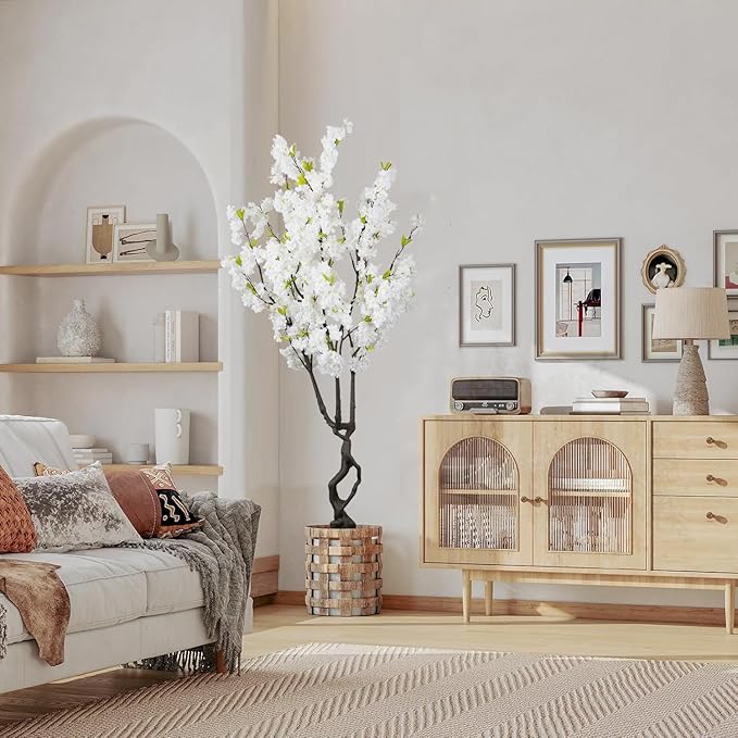 Faux White Cherry Blossom 6ft(72in) Tall Artificial Plant Indoor Decor Handmade Natural Fake Cherry Blossom Tree for Wedding Realistic Cherry Plant in Pot for Home Living Room,Office,Outdoor Decor.