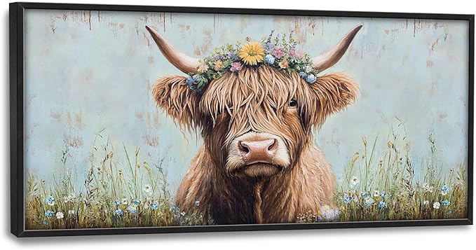 Highland Cow Framed Wall Art for Living Room, Large Cow Canvas Wall Decor, Animal Pictures Painting, Modern Artwork for Bathroom Bedroom Office 60L'' × 30W''