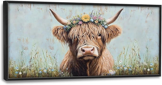 Highland Cow Framed Wall Art for Living Room, Large Cow Canvas Wall Decor, Animal Pictures Painting, Modern Artwork for Bathroom Bedroom Office 60L'' × 30W''