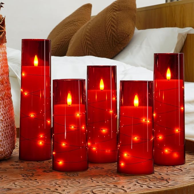 Raycare Flameless Candles with Embedded Star String, 5 Pcs Battery Operated Acrylic Pillar Candles with Timer and Remote, LED Candles for Romantic Ambiance and Home Decoration(Red)