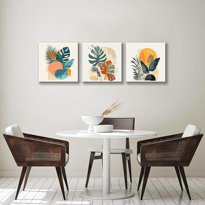 NAN Wind 3 Panels Modern Abstract Tropical Canvas Wall Art Colorful Leaf Prints Contemporary Botanical Art for Living Room Minimalist Plant Decor Geometric Palm & Monstera Leaf Paintings Home Decor