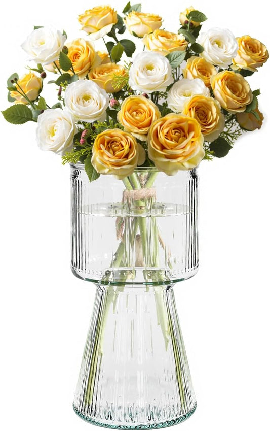 VECELO Modern Ribbed Glass Vase, Clear Flower Vase for Table Centerpiece, Modern Glass Vase for Living Room, Bedroom, Dining Table, Entryway, Office, Wedding, 7.5 Inches
