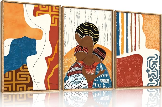 HOURIA Large Boho Black Woman Children Framed Canvas Wall Art Set,Colorful African American Wall Decor,Geometric Line Artwork,Abstract Ethnic Minimalist Murals Print for Bedroom,Farmhouse- 16"x24"x3