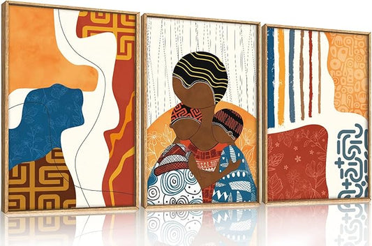 HOURIA Large Boho Black Woman Children Framed Canvas Wall Art Set,Colorful African American Wall Decor,Geometric Line Artwork,Abstract Ethnic Minimalist Murals Print for Bedroom,Farmhouse- 16"x24"x3