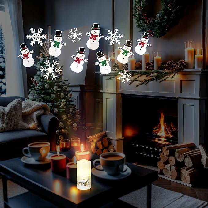 Christmas Flameless Candle Snowflake Snowman Projector Light Colorful LED Candle Battery Operated Night Light with Remote and Timer Indoor Bedroom Home Decor for Christmas Party Gift Decor