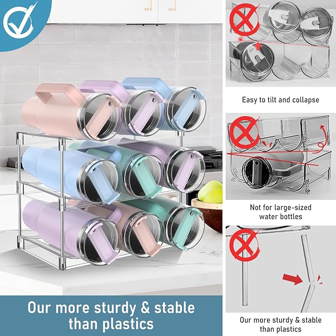 Water Bottle Organizer Stanley Cup Holder, 3-Tier Tumbler Storage, Stackable Water Bottle Holder for Kitchen Cabinet Pantry, Large Compartment fits 40 oz Tumblers, Stanley Accessories