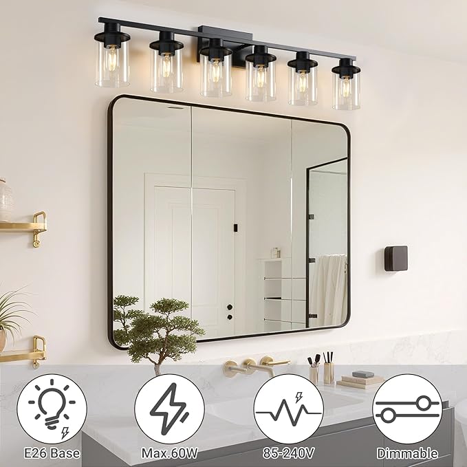 LOUSACE 6 Light Bathroom Vanity Light, Matte Black Bathroom Light Fixtures, Modern Bathroom Lights Over Mirror with Clear Glass Shade, Wall Sconce Lighting for Bedroom Living Room