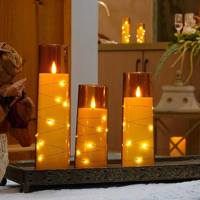 Raycare Flameless LED Candles with Embedded Star String, 5 Pcs Battery Operated Acrylic Pillar Candles with Timer and Remote, Flickering Candle for Romantic Ambiance and Home Decoration(Glod)