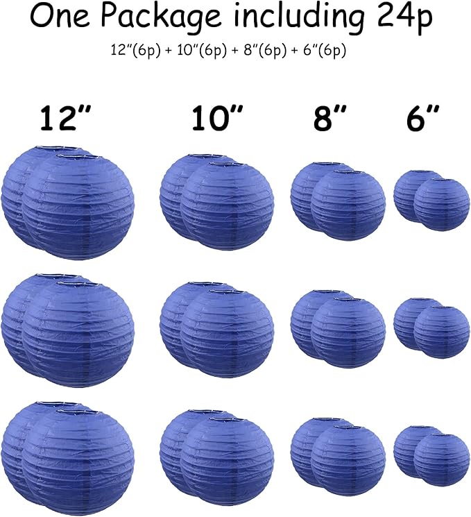 Handmade Decorative Chinese Japanese Hanging Paper Lanterns 24pcs Assorted Sizes 6", 8", 10", 12" Mixture Colors Decoration for Home, Weddings and Parties Lanterns (All Blue)