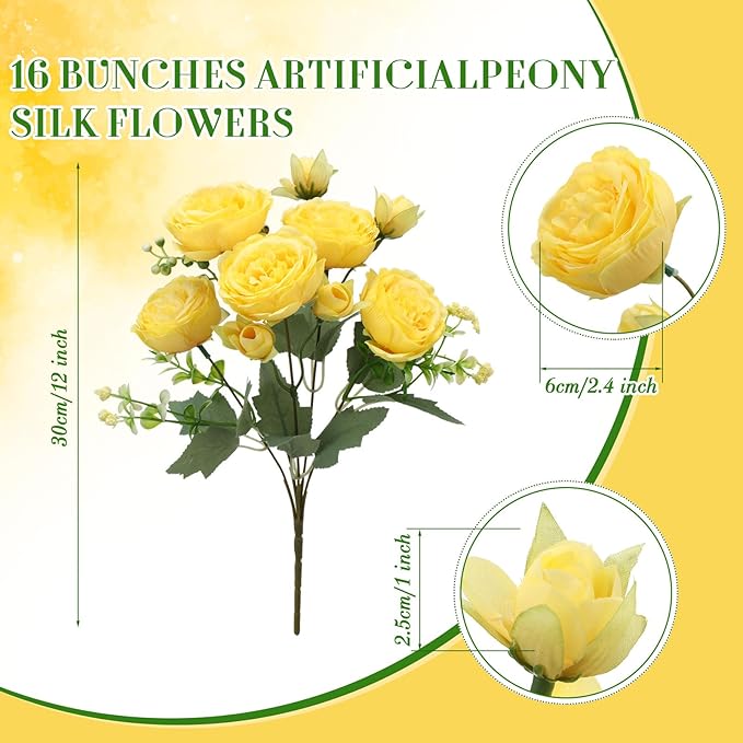 Geosar 16 Bundles Artificial Peonies Flowers Fake Silk Peony Bouquet Faux Peonies Flowers Bulk for Decoration Vase Florals Arrangements Wedding Party Table (Purple,Yellow)