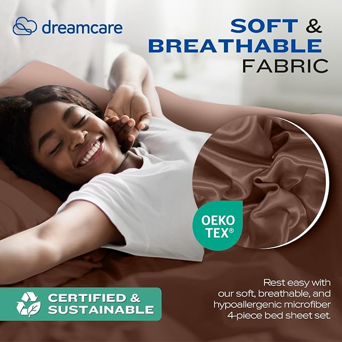 DREAMCARE Twin XL Sheets Set - 4 Pcs Cooling Bed Sheets with Up to 15" Deep Pockets - Soft, Long-Lasting 100% Brushed Polyester with Side Pocket (Mocha Brown)