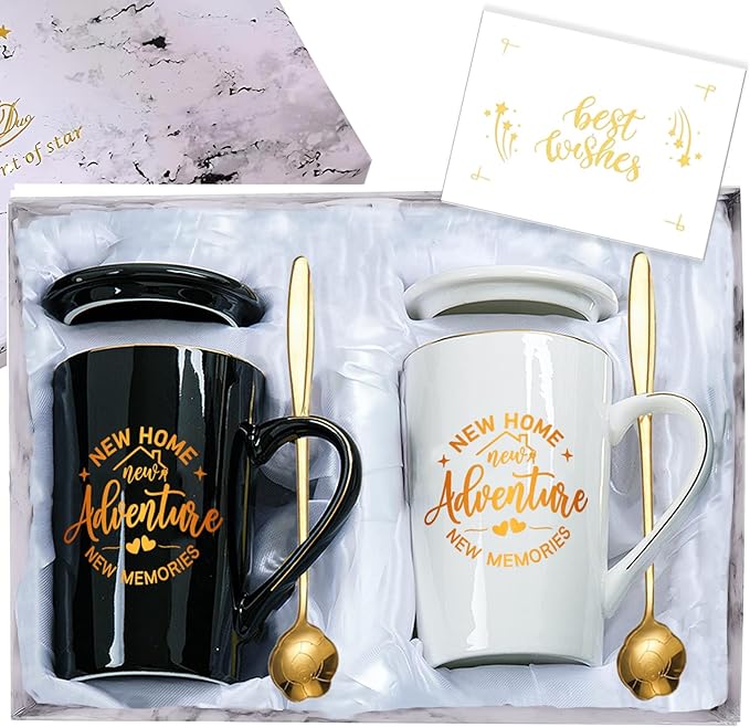 House Warming Gifts New Home Coffee Mug Set for Couple, Women, Friends, New Homeowner, Realtor, Welcome First Home Closing Gifts, 14oz Black and White Ceramic Cup