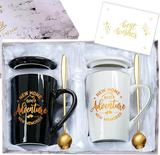 House Warming Gifts New Home Coffee Mug Set for Couple, Women, Friends, New Homeowner, Realtor, Welcome First Home Closing Gifts, 14oz Black and White Ceramic Cup