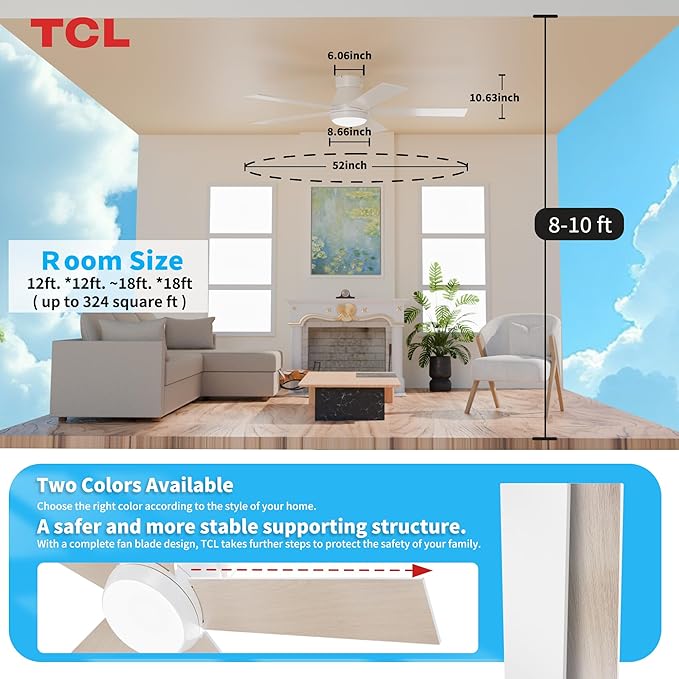 TCL 52" White Ceiling Fan with Light and Remote, Modern LED 3-Color, 3CCT, Quiet Motor for Bedroom, Living Room, Dining Room, Ceiling Fans with Lights (White)