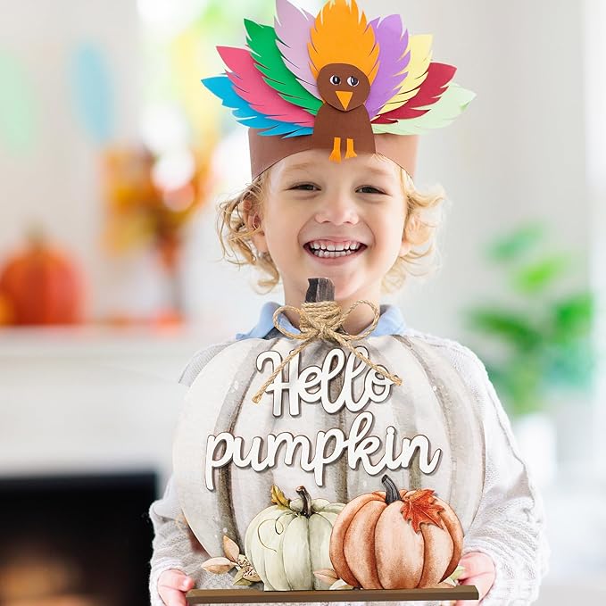 Soaoo Fall Decoration Wooden Fall Hello Pumpkin Sign Autumn Pumpkin Table Decor 11 Inch Wooden Autumn Desktop Ornament for Farmhouse Home Living Room Harvest Day Thanksgiving Decor(Grey,Cute)