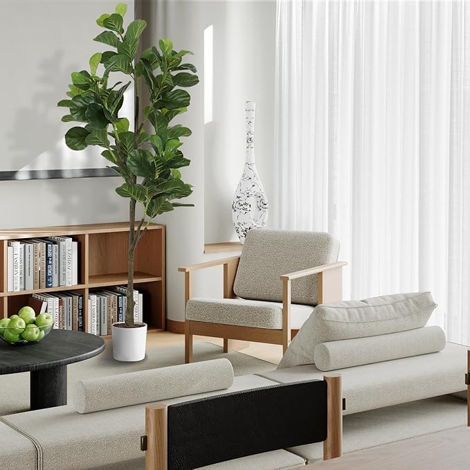 Faux Fiddle Leaf Fig Tree 6ft(72in) Artificial Floor Plant for Indoor Decor Realistic Potted Tree with Texture Silk Leaves and Natural Wood Trunk for Home Living Room,Office Perfect Housewarming Gift