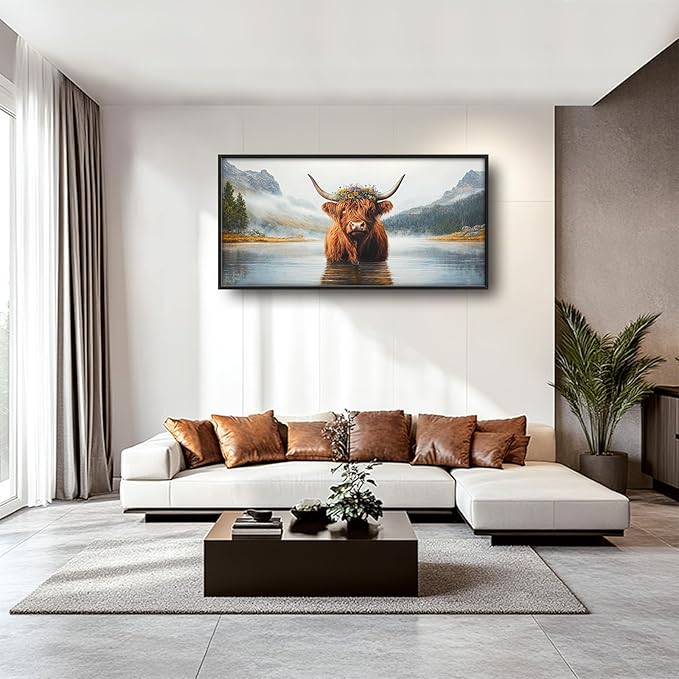 Framed Large Wall Art for Living Room, Highland Cow Canvas Wall Decor, Large Mountain Animal Pictures Framed Painting, Natural Landscape Artwork for Bedroom Office Home Decor 60L'' × 30W''
