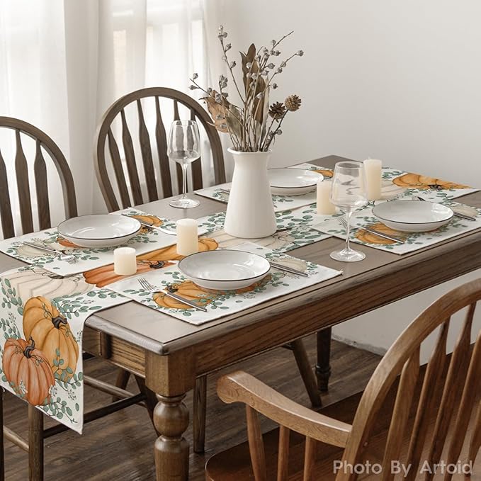 Artoid Mode Orange Pumpkin Eucalyptus Fall Placemats Set of 6, 12x18 Inch Seasonal Table Mats for Table Runner Party Kitchen Dining Decoration