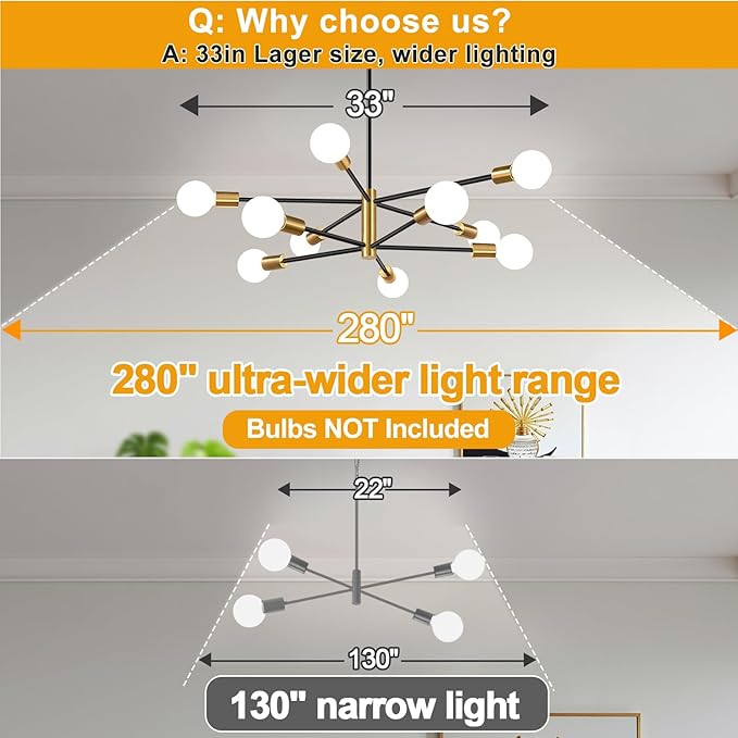 33" Modern Chandelier Ceiling Light Fixture, 10-Light Sputnik Chandeliers Gold and Black Dining Room Light Fixture, Height Adjustable Chandeliers for Dining Room Living Room Kitchen Island