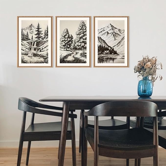 HOURIA Large Vintage Mountain Sketch Framed Canvas Wall Art Set,Modern Pine Tree Wall Decor, Natural Botanical Wall Painting,Retro Abstract Art Print for Living Room,Bedroom,Office- 24"x36"x3