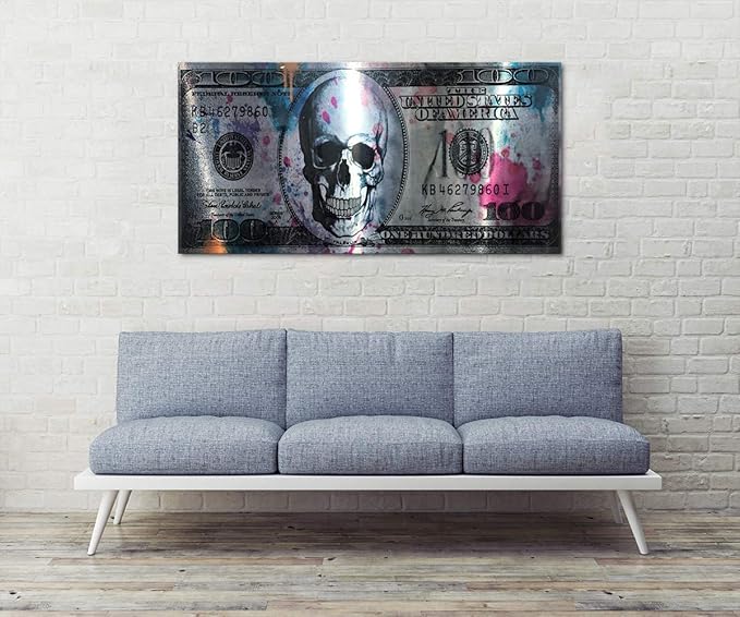 Yatsen Bridge Retro Skull Dollar Bill Canvas Art Print, 48" W x 24" H, Framed, Green, Black, Wood Frame, Waterproof, Landscape, Glossy Finish, Perfect for Living Room, Bedroom, Kitchen, Office, Bar