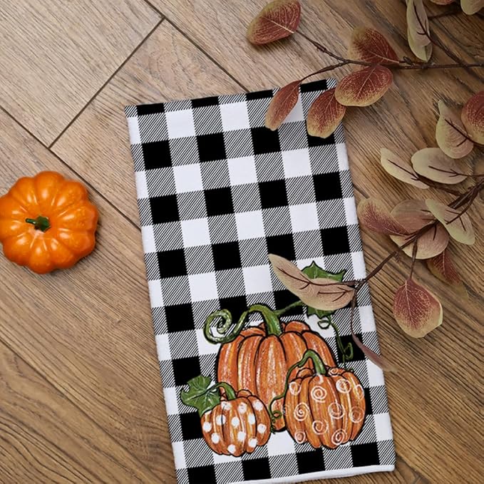 ARKENY Fall Kitchen Towels Set of 2,Black Buffalo Check Pumpkin Autumn Dish Towels 18x26 Inch Drying Dishcloth,Farmhouse Home Decoration AD127