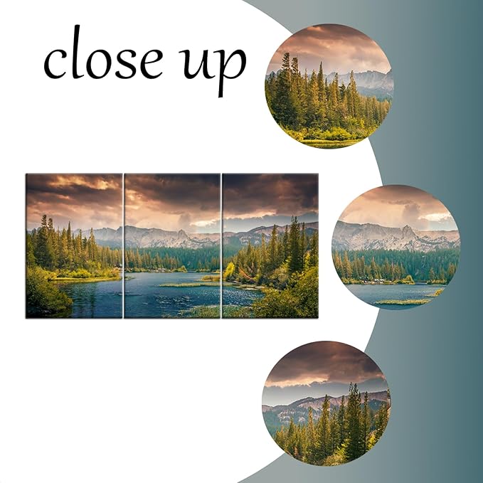 3 Piece Landscape Lake Wooden Framed Canvas Wall Art Mountains Forest Picture Print Nature Park Large Poster Painting Artwork for Living Room Office Wall Decoration Ready to Hang [72''Wx 36''H]