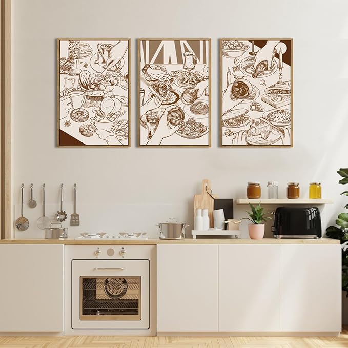 ANHUIB Framed Canvas Wall Art 16x24 Inch Large Modern Cheers Wall Decor Vintage Food Wall Art Sketch Pizza Paintings Gathering Decor Set of 3 for Kitchen Dining Room