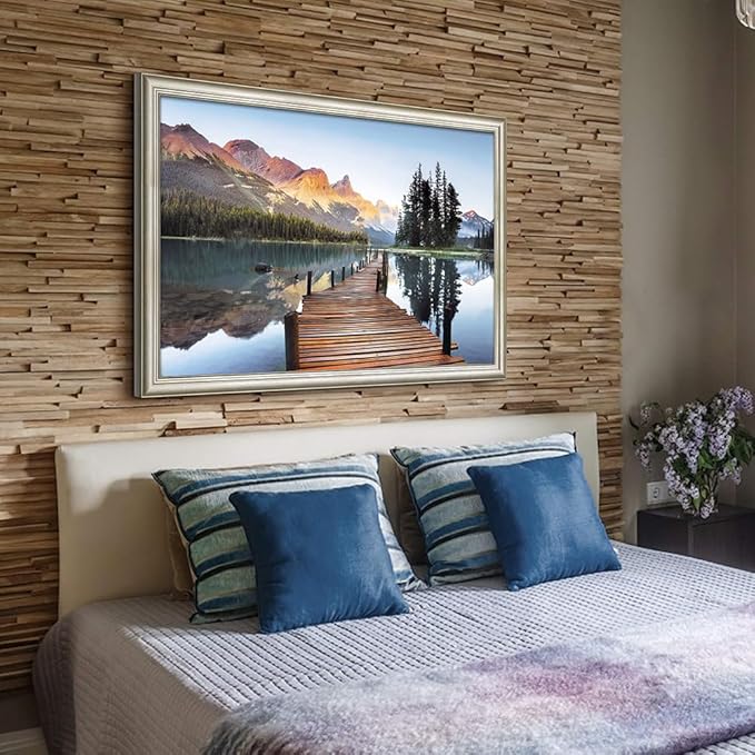 Framed Lake Landscape Wall Art: Mountain Sunset Skyline Painting Boardwalk Water Canvas Artwork for Living Room