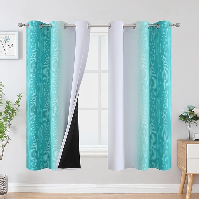 Estelar Textiler Teal and Greyish White Blackout Curtains & Drapes for Bedroom, Thermal Insulated Ombre Blackout Drapes, Room Darkening Energy Saving Curtains for Living Room, 42Wx63L, 2 Panels