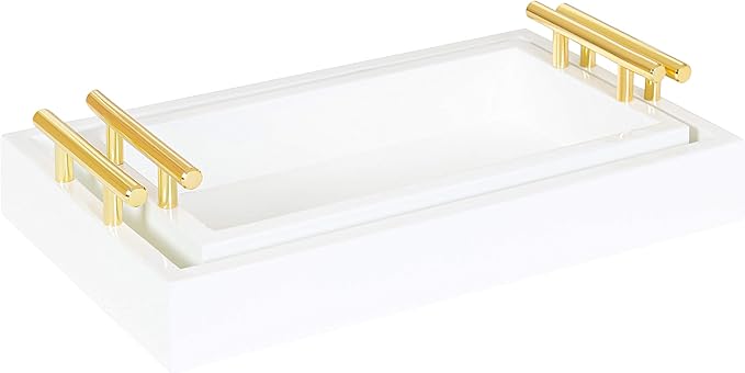 Kate and Laurel Lipton Modern Tray Set, Set of 2, White and Gold, Glam Decorative Trays for Storage and Display