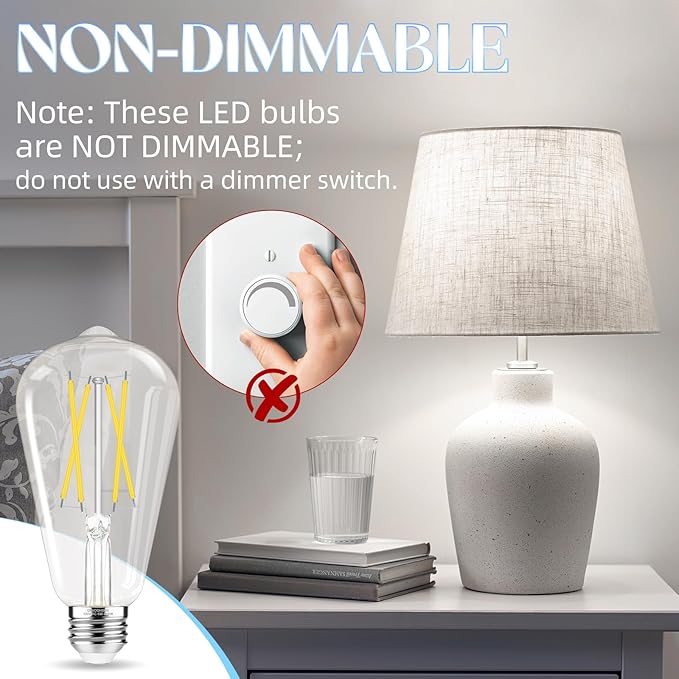 Edison Bulbs 60 watt Equivalent LED, E26 Bulb Non-Dimmable, Cool White 4000K, ST58 Vintage Light Bulbs, 90+ CRI, 6W 600LM, E26 Medium Base, Clear Glass, 18 Pack