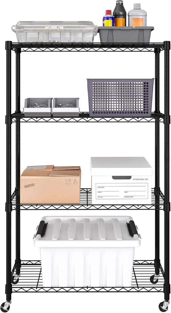 Seville Classics Solid Steel Wire Shelving Storage Unit Adjustable Shelves Organizer Rack, for Home, Kitchen, Office, Garage, Bedroom, Closet, Black, 4-Tier, 36" W x 14" D