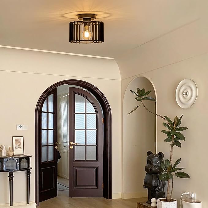 Ceiling Light Fixture Industrial Black Iron Cage Flush Mount, 9 - inch Diameter, Hallway Light Fixtures Modern Ceiling Lights for hallways Eentryway Bathroom Bedroom Kitchen