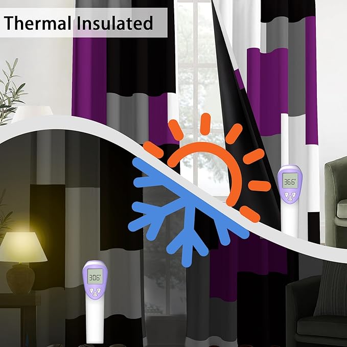 Purple 100% Blackout Curtains for Bedroom 45 inch Length 2 Panels Set Grey Modern Abstract Geometric Black Out Curtains Insulated Room Darkening Window Drapes for Living Room, 52Wx45L