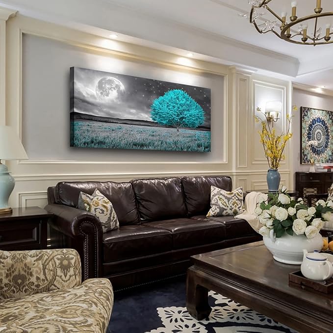 Tree of Life Wall Art Picture Canvas Prints Room Wall Décor Blue Tree with Full Moon Paintings for Living Room Bathroom Bedroom Home Kitchen Decorations Natural Artwork Wooden Framed 28x57inches