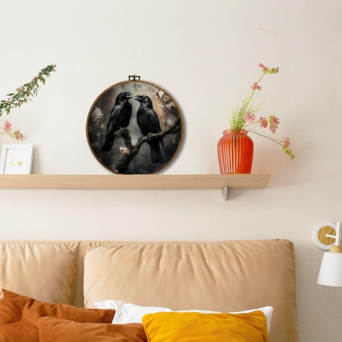 JUIOEIU Gothic Black Raven Round Wall Decor, Dark Academia Black Crow Floral Framed Canvas Prints, Gothic Moody Raven Wall Art Hanging Decorations for Home Bedroom Living Room Decor, 10x10in