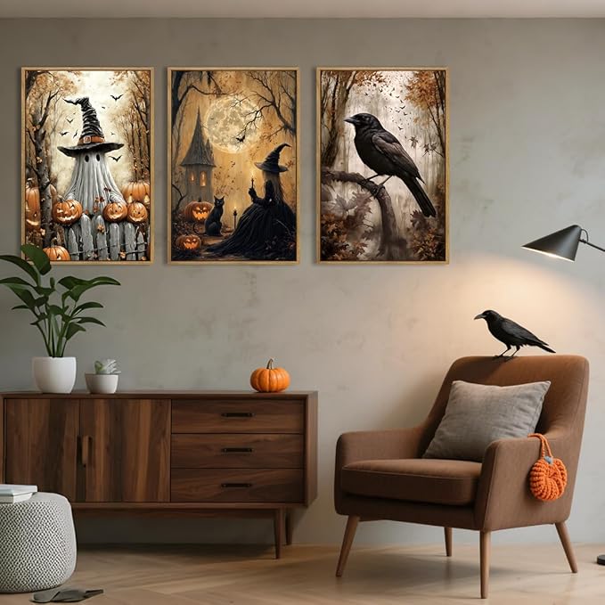 ANHUIB Large Halloween Wall Art Spooky Ghost Witch Wall Decor Black Cat with Crow Painting 16x24 Inch Set of 3 for Living Room Bedroom