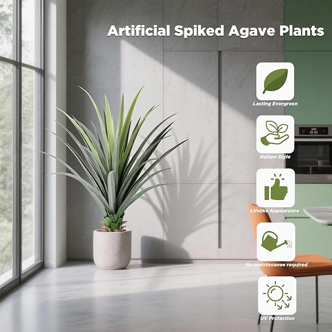 4ft Artificial Spiked Agave Plant with 30 Leaves Set of 2 Faux Agave Plants for Indoor and Outdoor Decor Perfect for Porch Living Room Bedroom Patio and Office