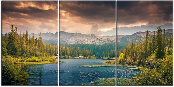 Landscape Canvas Poster Wall Art Home Decor Lake Mountain Forest Nature Park Theme Picture Print Modern Wall Painting Artwork for Living Room Hotel Gym Office Stretched and Framed [48''Hx24''W]
