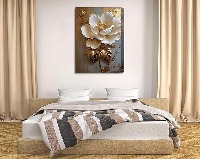 Flower Pictures Canvas Wall Art White Gold Flowers Elegant Wall Decor pictures 3D Retro Floral poster prints for Bedroom Bathroom Wall Decorations (12inx16in canvas)