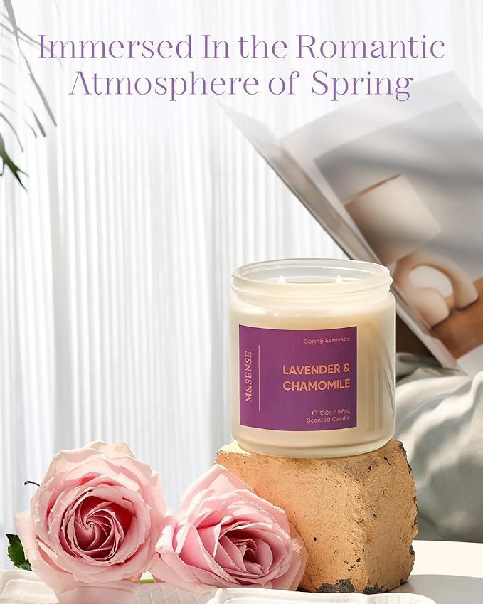 M&SENSE Lavender Chamomile Scented Candle - 11.6oz 70 Hours Natural Soy Wax Non Toxic Aromatherapy Candle for Yoga Spa Stress Relief Gifts for Mothers Day Mom & Relaxing