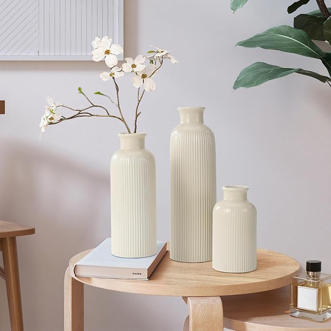Small Beige Ceramic Vase Set of 3, Boho Modern Beige Flower Vase Room Decor, Farmhouse Decor, Vases for Your Kitchen, Bathroom, Bedroom, Living Room, Office&Shelf Centerpiece Table Decorations