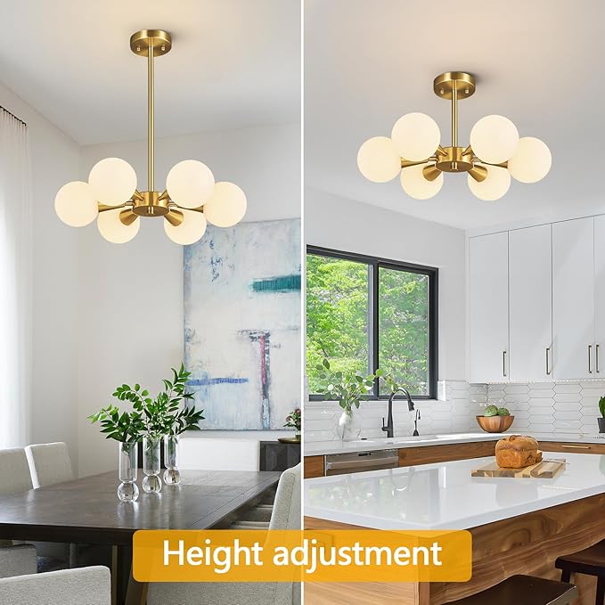 Mid Century Modern Ceiling Light with Milk White Glass lampshade Gold Semi Flush Mount Ceiling Light Fixture Sputnik Chandelier for Bedroom Living Room Dining Room Foyer Hallway(6-Lights)