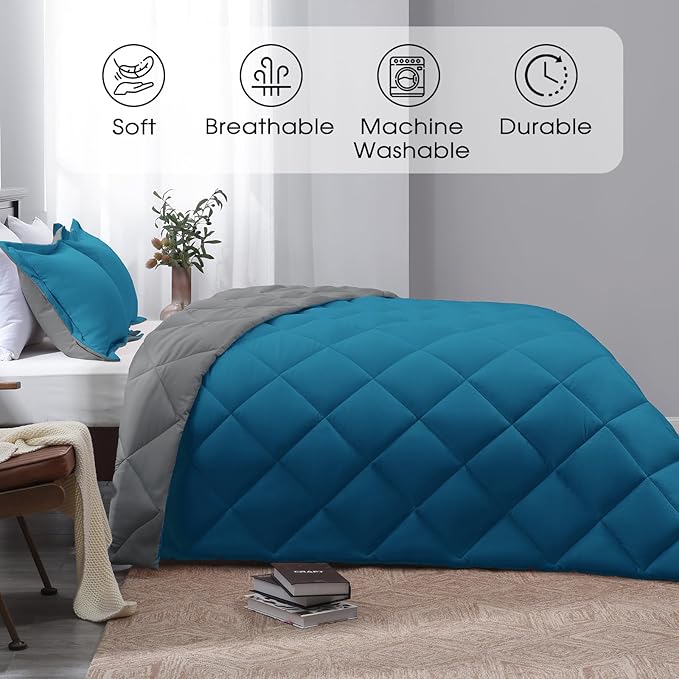 Basic Beyond Queen Comforter Set - Blue Comforter Set Queen, Reversible Bed Comforter Queen Set for All Seasons, Algiers Blue/Charcoal Gray, 1 Comforter (88"x92") and 2 Pillow Shams (20"x26"+2")