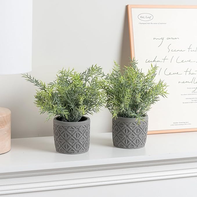 MyGift Set of 2 Artificial Green Plant in Modern Gray Concrete Pots with Geometric Embossed Pattern, Faux Greenery Indoor Houseplants Potted in Decorative Round Planters