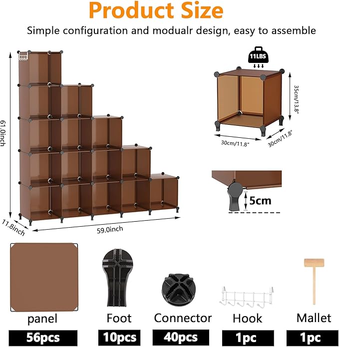 AWTATOS Cube Storage Organizer, Storage Cubes Shelves Bookshelf, 16 Cube Closet Organizers and Storage, DIY Stackable Plastic Clothes Organizer Shelving for Bedroom, Home Office, Cocoa Brown