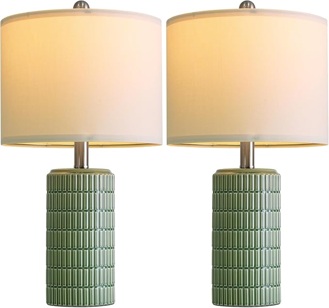 PoKat 20.75" Small Modern Ceramic Table Lamps Set of 2 for Bedroom, Green Bedside Lamps for Night Stands, Farmhouse House Decor Nightstand Table Lamps for Living Room End Table Green